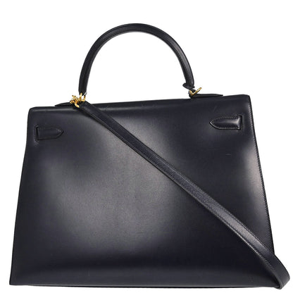 Hermes Blue Indigo Box Calf Kelly 35 Sellier 2way Shoulder Handbag