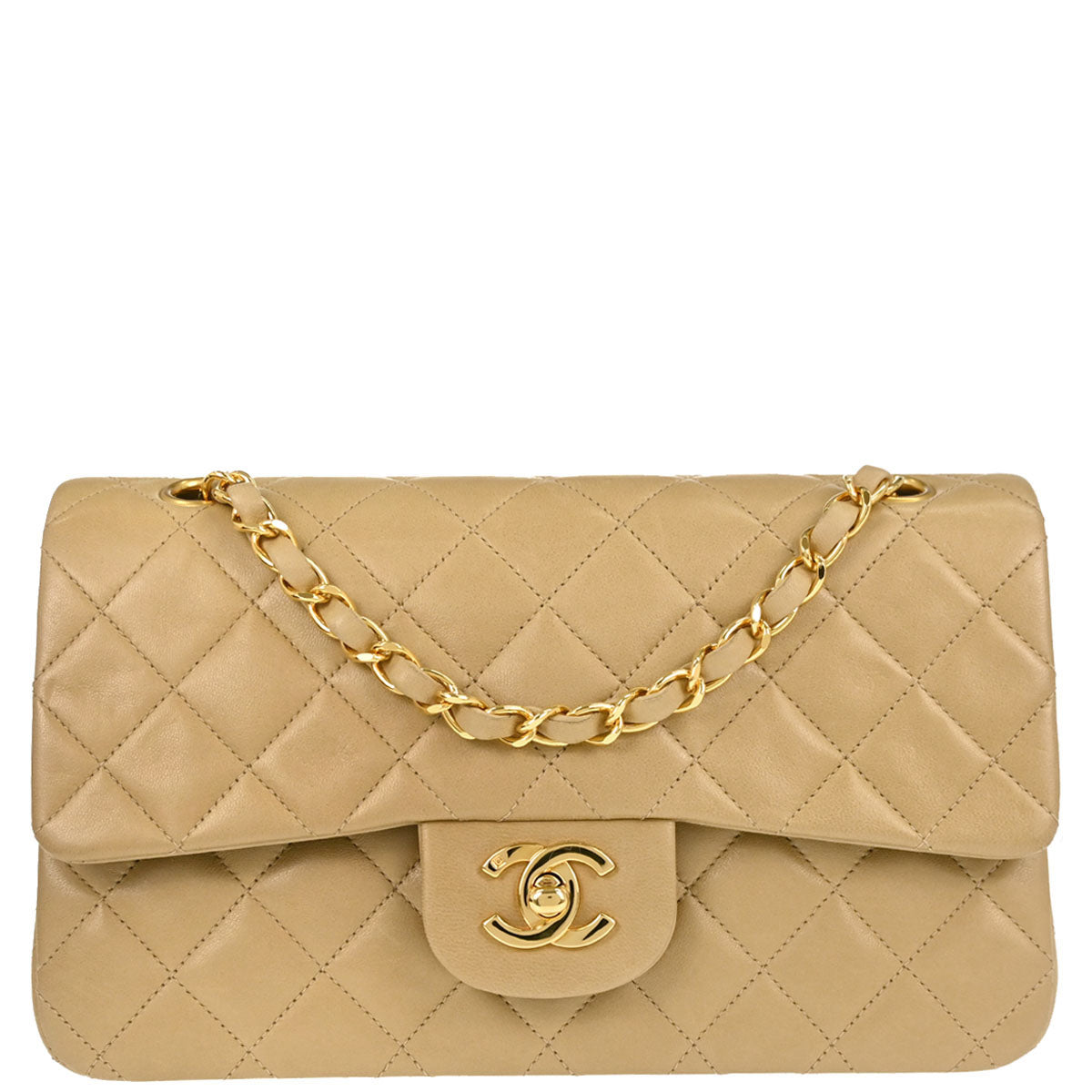 Chanel 1996-1997 Beige Lambskin Small Classic Double Flap Shoulder Bag