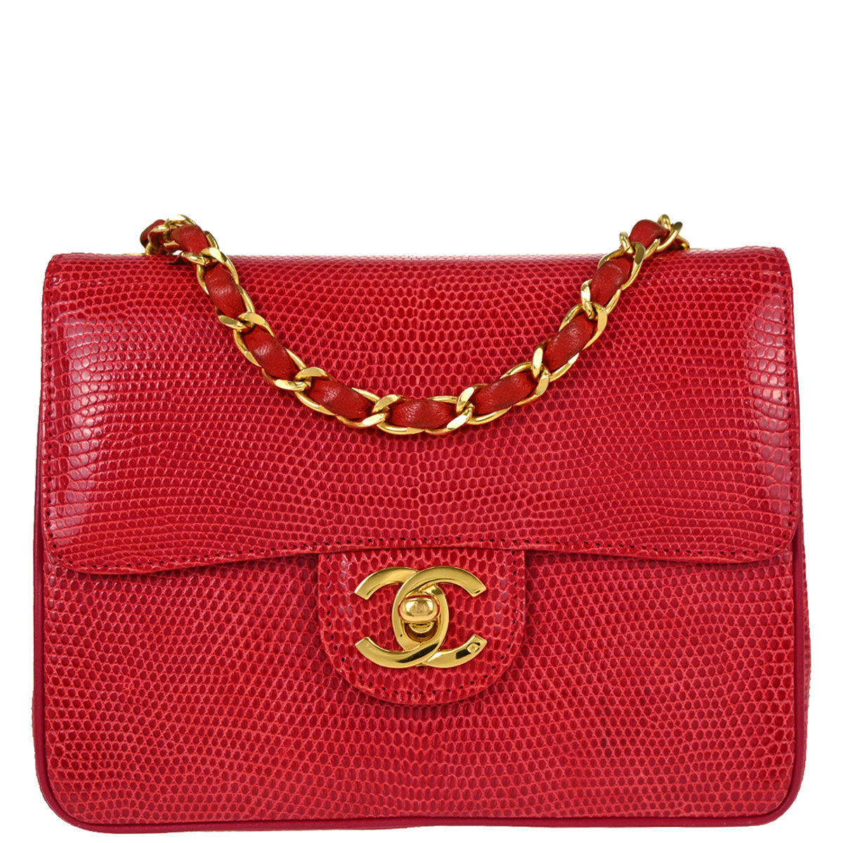 Chanel * 1986-1988 Red Lizard Mini Classic Square Flap Shoulder Bag 17
