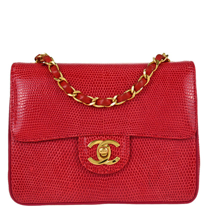 Chanel * 1986-1988 Red Lizard Mini Classic Square Flap Shoulder Bag 17