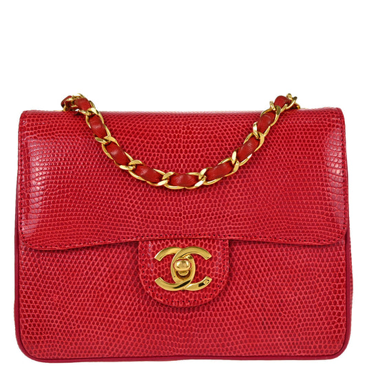 Chanel * 1986-1988 Red Lizard Mini Classic Square Flap Shoulder Bag 17