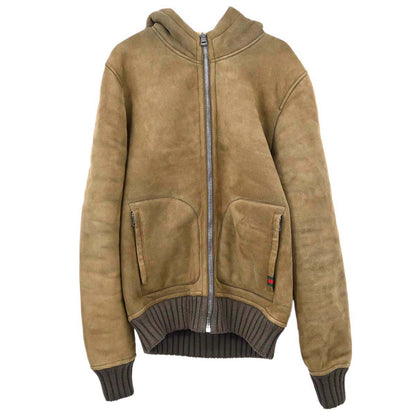 Gucci Mouton Hooded Zip Up Jacket Lambskin Brown #48