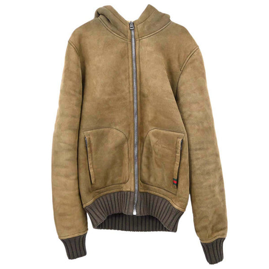 Gucci Mouton Hooded Zip Up Jacket Lambskin Brown #48