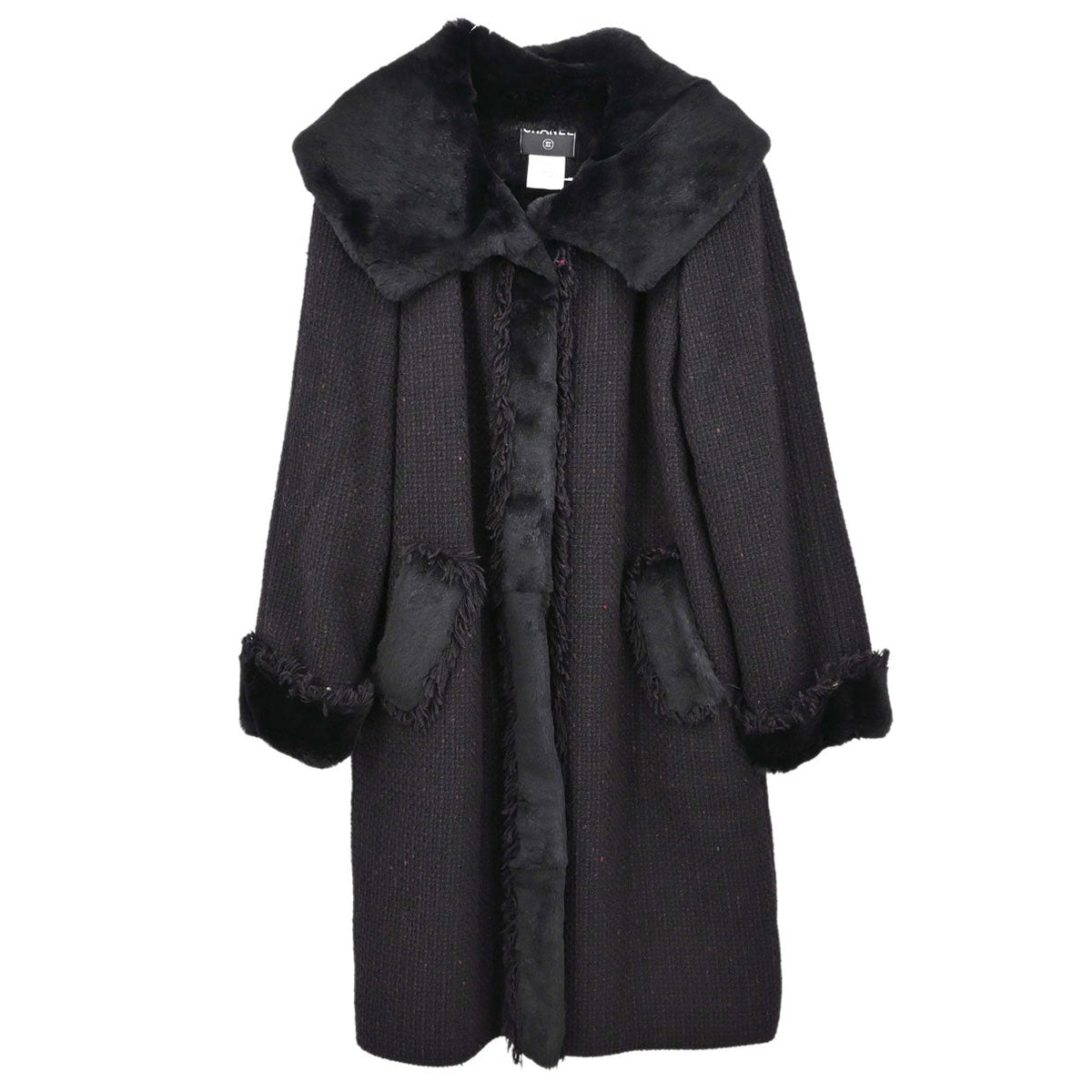 Chanel 2001 Rabbit Fur Trim Tweed A-Line Long Coat #38