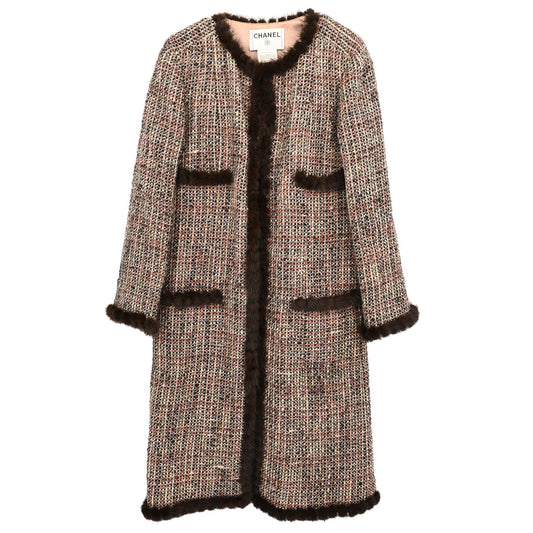 Chanel 2003 Mink Fur Trim Tweed Collarless Coat #38