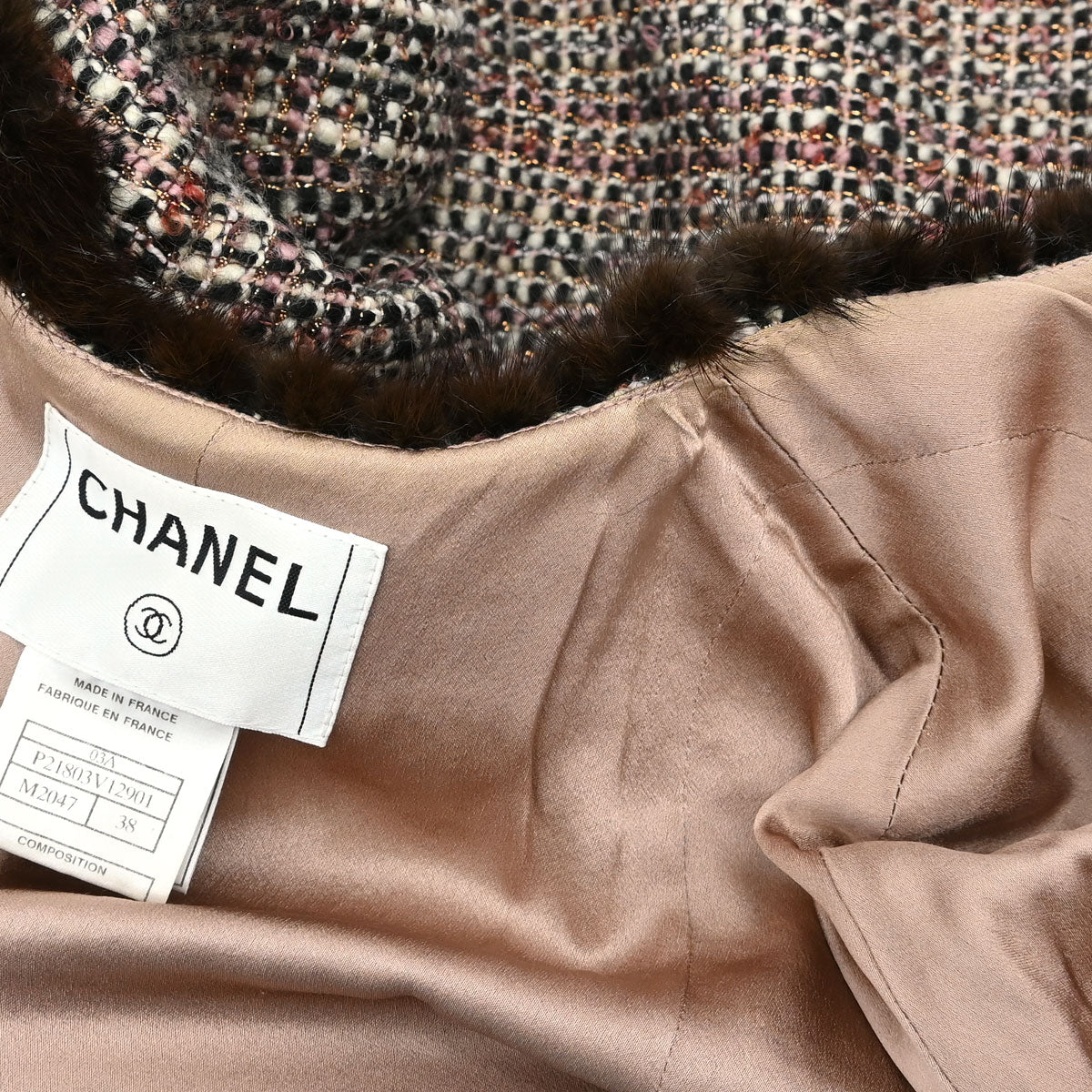 Chanel 2003 Mink Fur Trim Tweed Collarless Coat #38