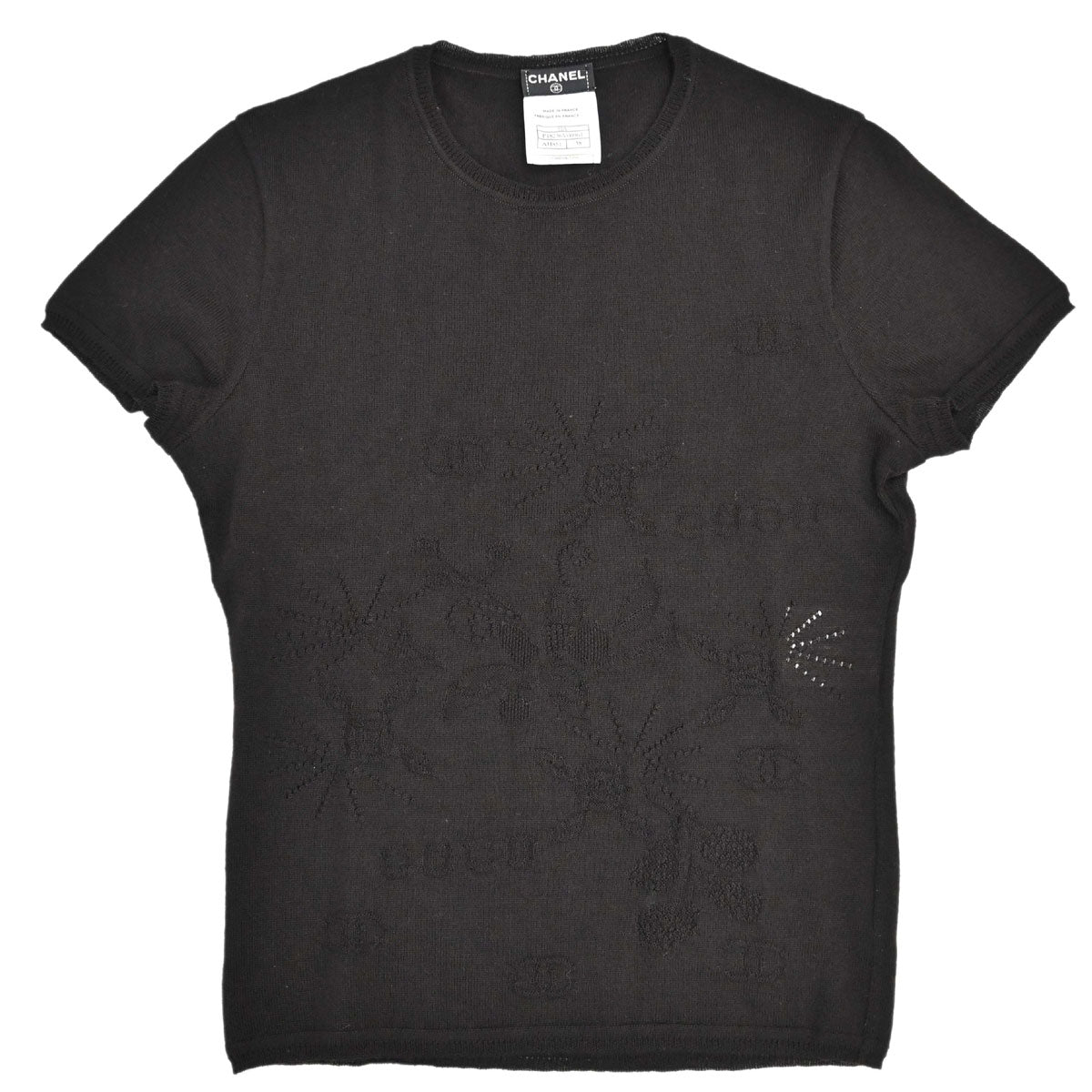Chanel 2001 Short Sleeve Sweater Knit Top Black #38