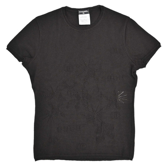 Chanel 2001 Short Sleeve Sweater Knit Top Black #38