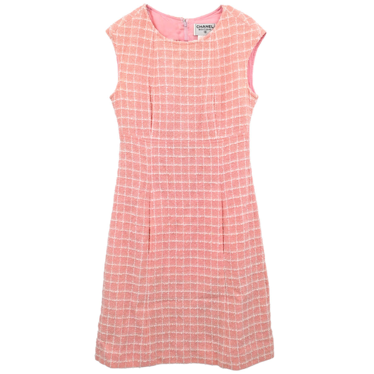 Chanel 1997 Sleeveless Dress Tweed Check Pink #42
