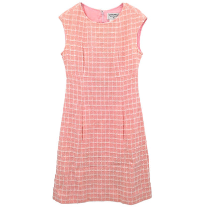 Chanel 1997 Sleeveless Dress Tweed Check Pink #42