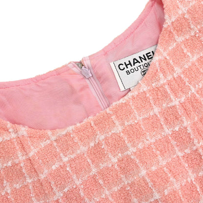Chanel 1997 Sleeveless Dress Tweed Check Pink #42
