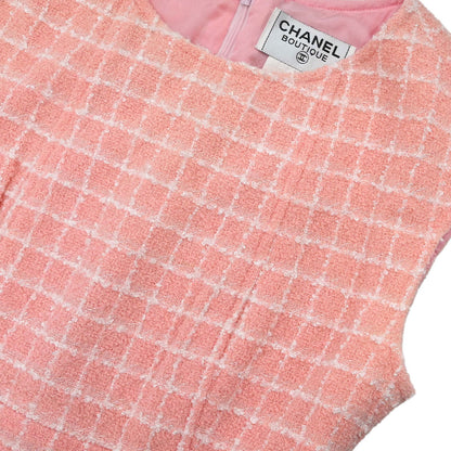 Chanel 1997 Sleeveless Dress Tweed Check Pink #42