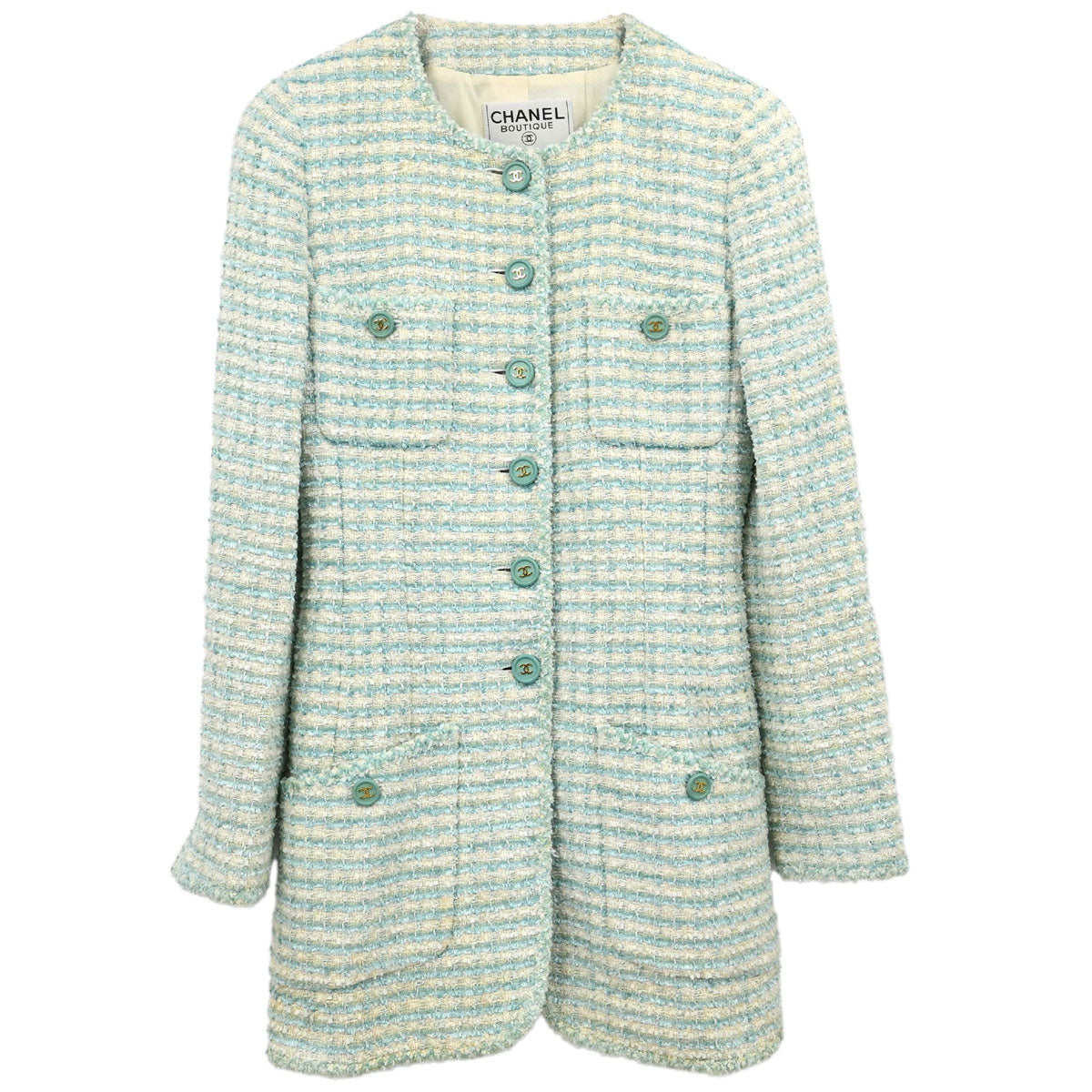 Chanel 1997 Striped Collarless Tweed Jacket Light Blue #38