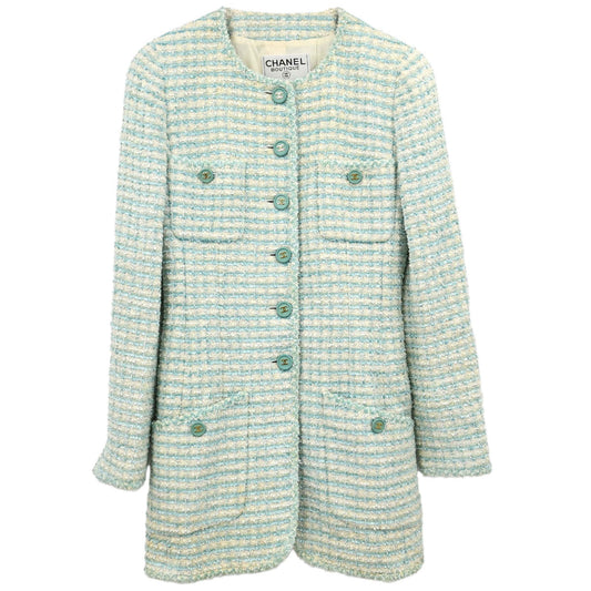 Chanel 1997 Striped Collarless Tweed Jacket Light Blue #38