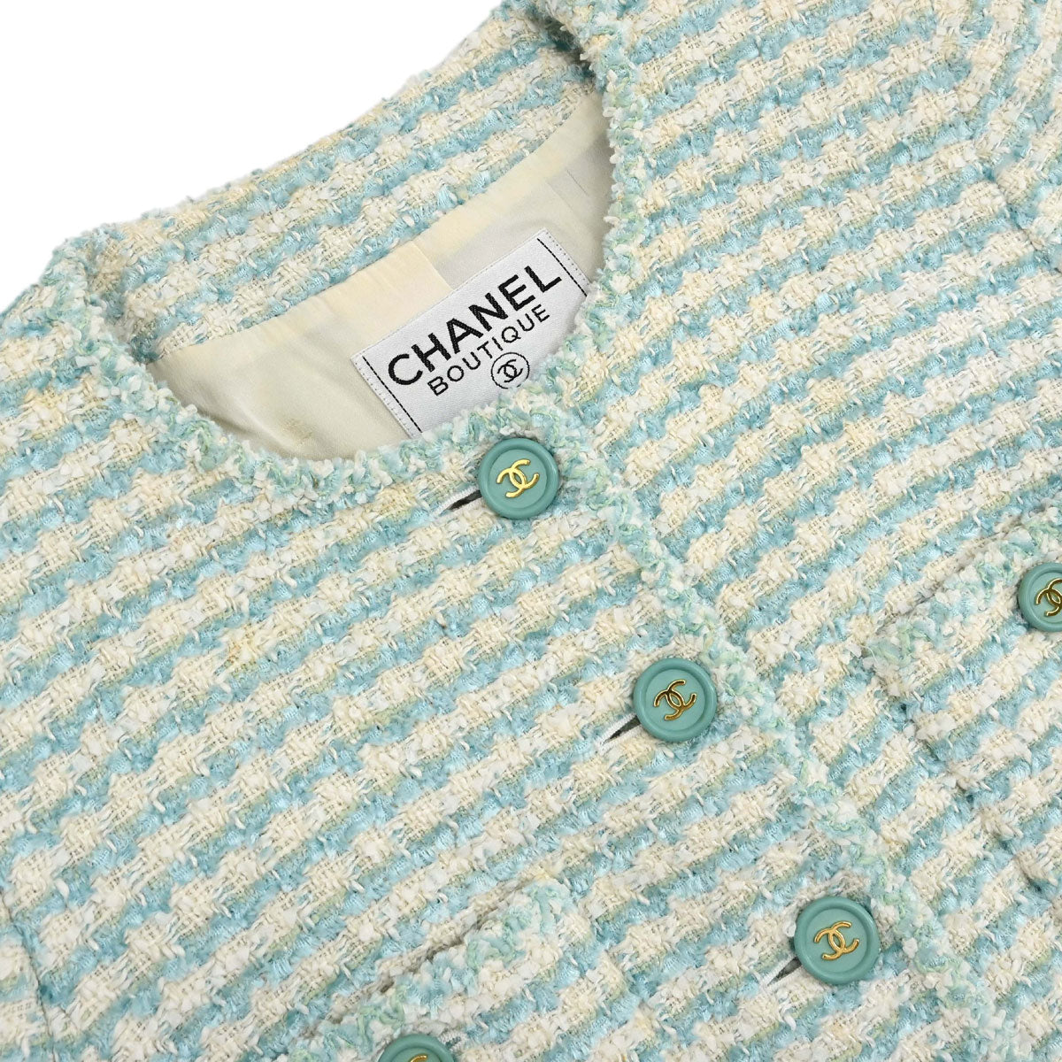 Chanel 1997 Striped Collarless Tweed Jacket Light Blue #38
