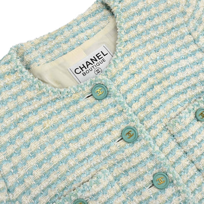 Chanel 1997 Striped Collarless Tweed Jacket Light Blue #38