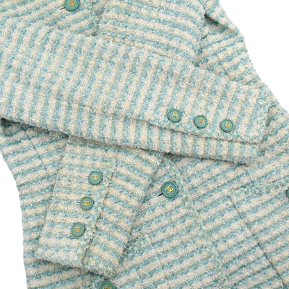 Chanel 1997 Striped Collarless Tweed Jacket Light Blue #38
