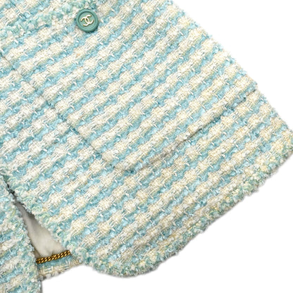 Chanel 1997 Striped Collarless Tweed Jacket Light Blue #38