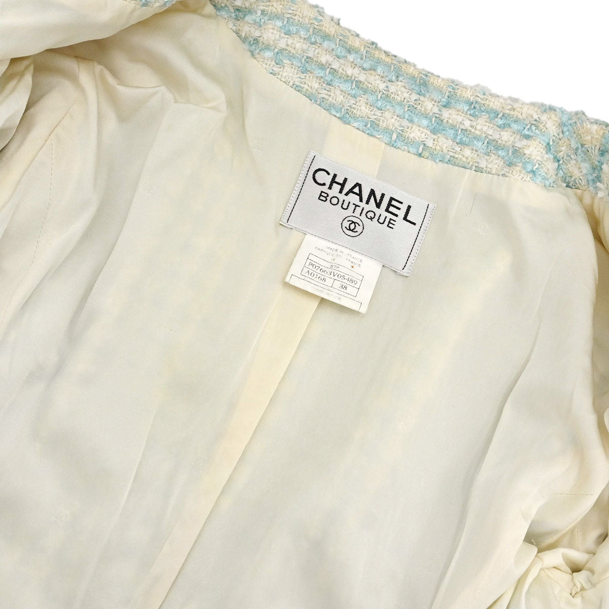 Chanel 1997 Striped Collarless Tweed Jacket Light Blue #38