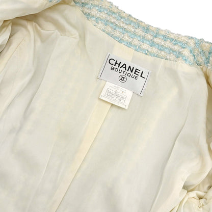Chanel 1997 Striped Collarless Tweed Jacket Light Blue #38