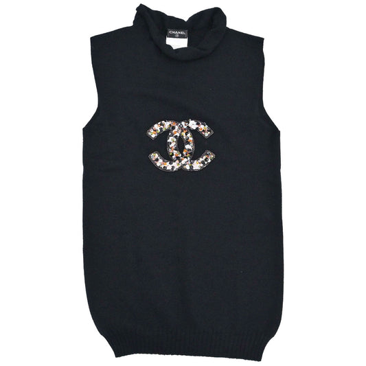 Chanel 2005 Sleeveless Cashmere Top Sequins Beads Black #38