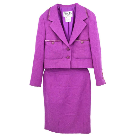 Chanel 1996 Setup Suit Jacket Skirt Tweed Velvet Purple #34