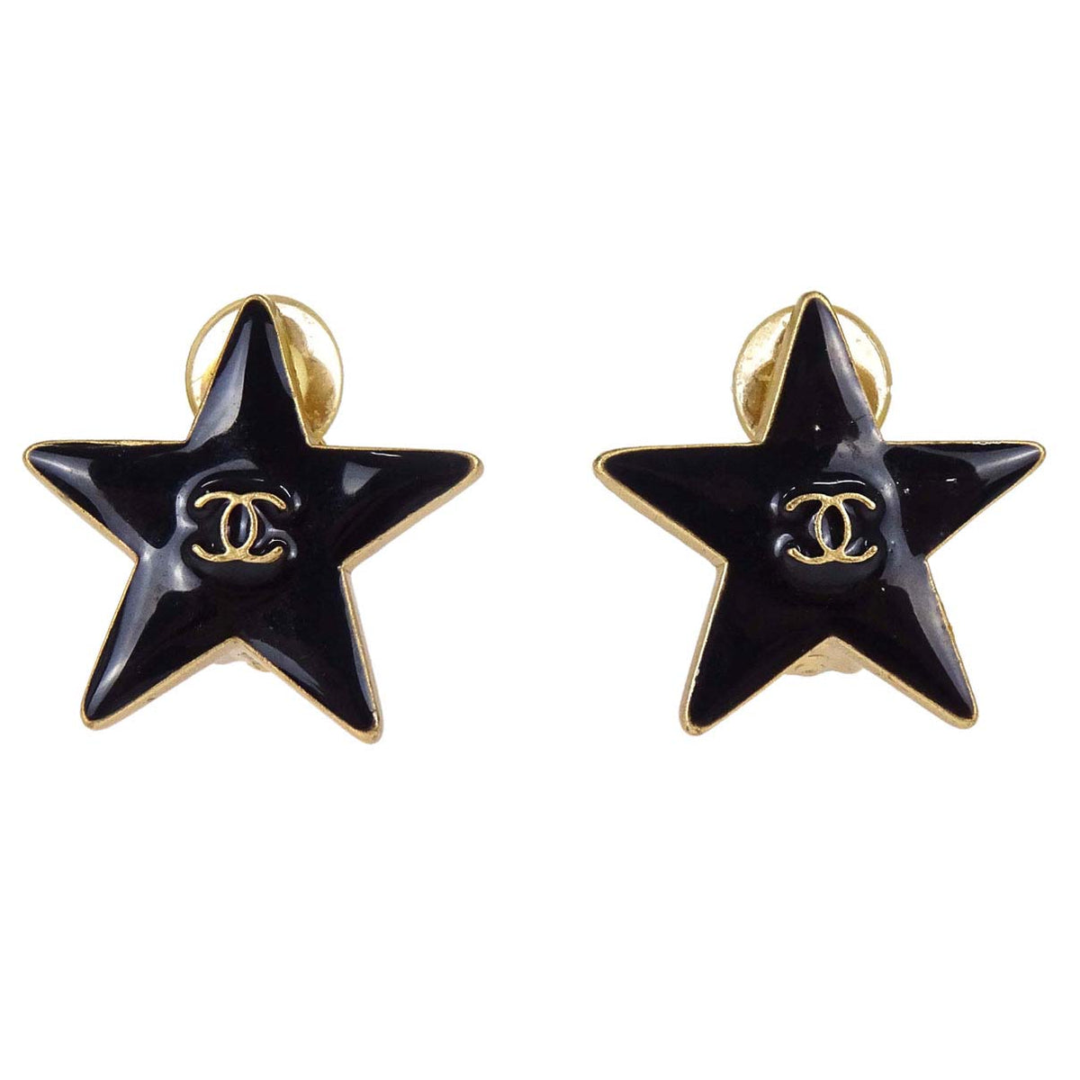 Chanel Star Clip-On Earrings Black Gold 03A