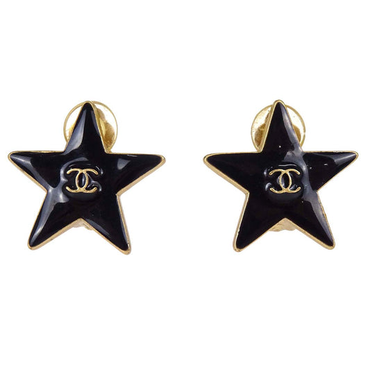 Chanel Star Clip-On Earrings Black Gold 03A