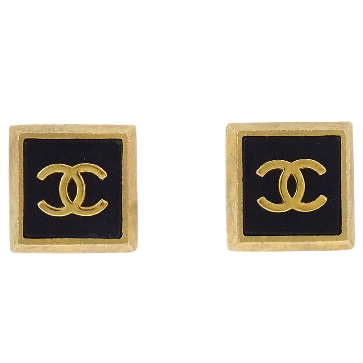 Chanel Square Clip-On Earrings Gold Black 93A