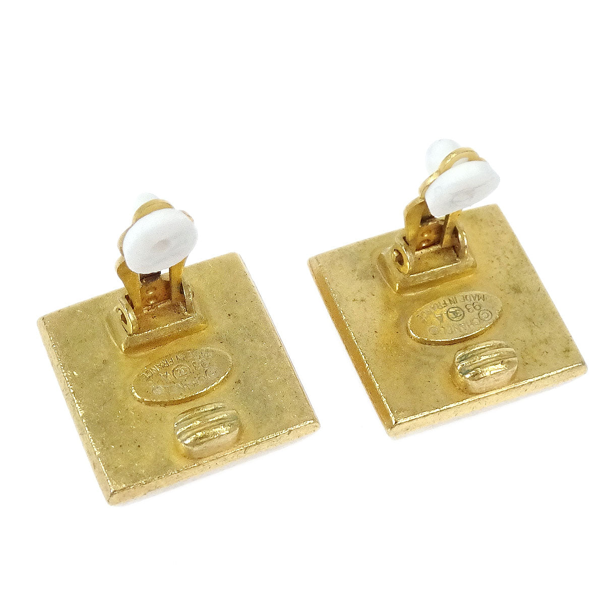 Chanel Square Clip-On Earrings Gold Black 93A