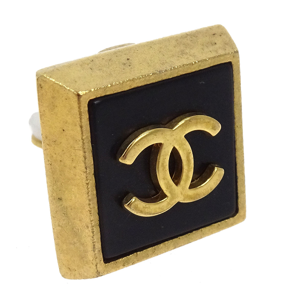 Chanel Square Clip-On Earrings Gold Black 93A