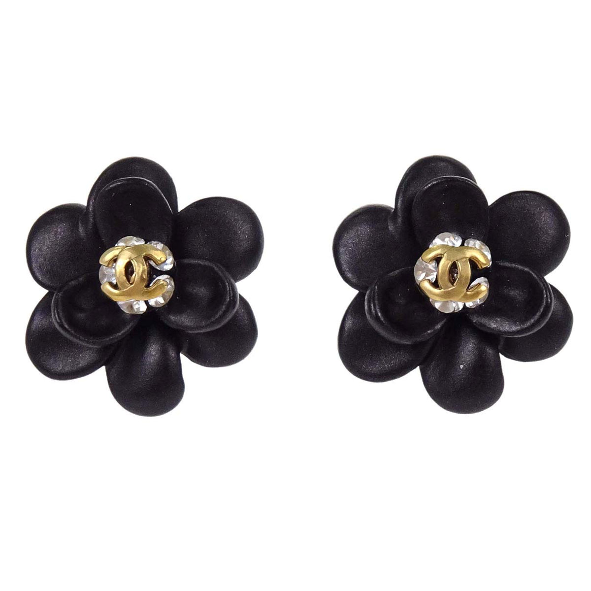 Chanel Flower CC Pierced Earrings Black Gold Rhinestone 02A