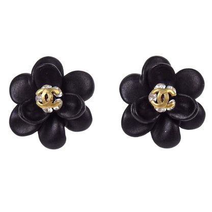 Chanel Flower CC Pierced Earrings Black Gold Rhinestone 02A