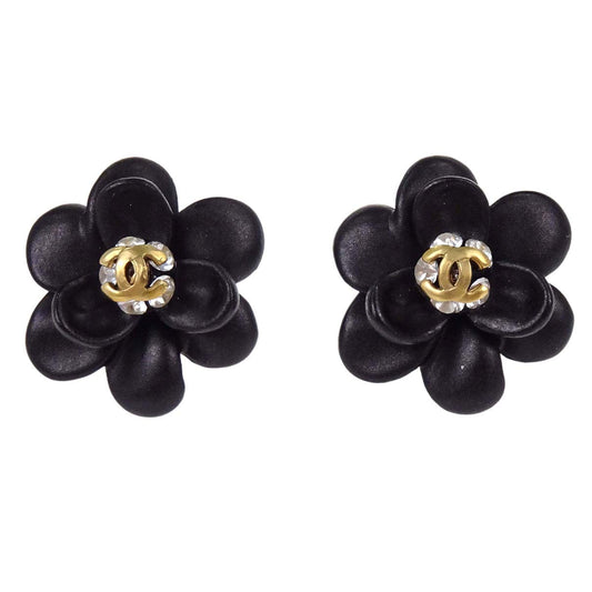 Chanel Flower CC Pierced Earrings Black Gold Rhinestone 02A