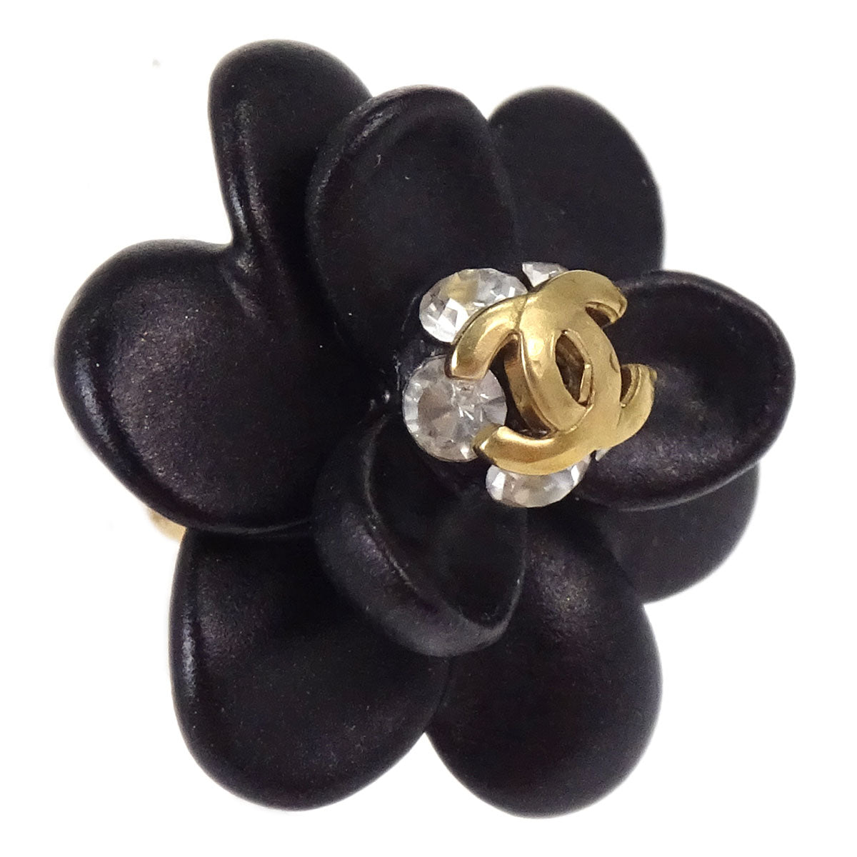 Chanel Flower CC Pierced Earrings Black Gold Rhinestone 02A