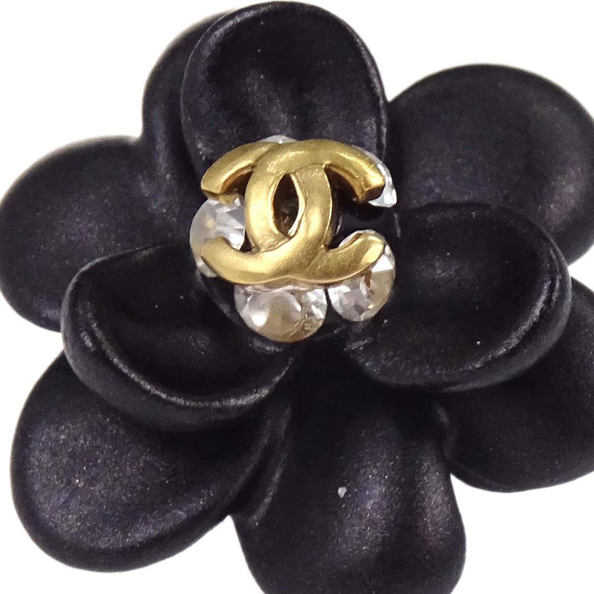 Chanel Flower CC Pierced Earrings Black Gold Rhinestone 02A
