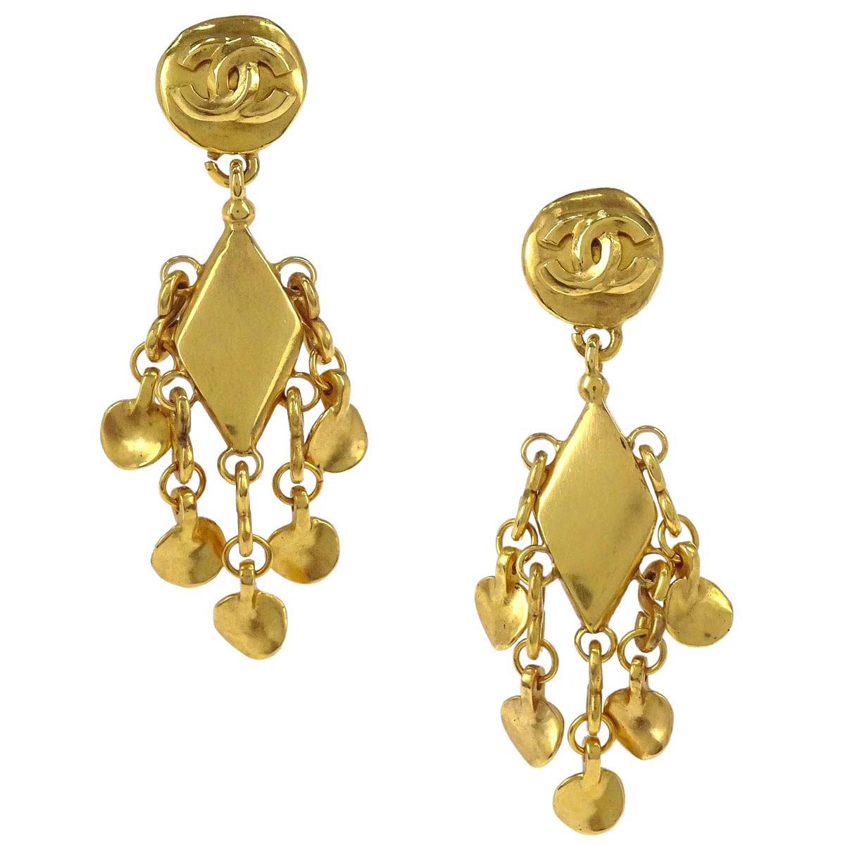 Chanel Gold Button Rhombus Dangle Clip-On Earrings 96P