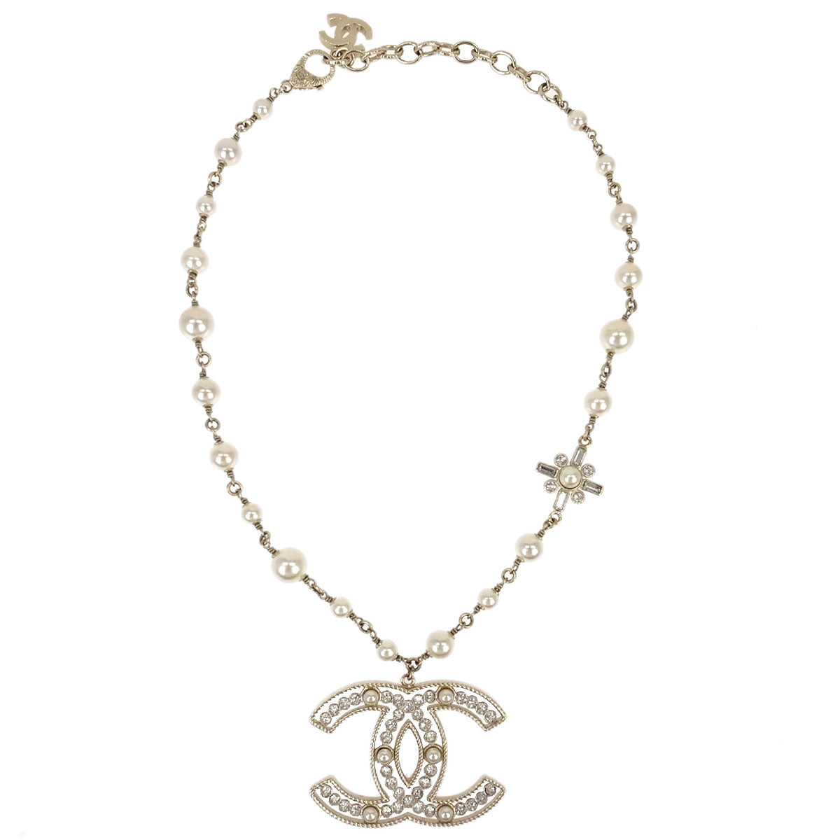 Chanel Rhinestone Costume Pearl Gold CC Pendant Necklace
