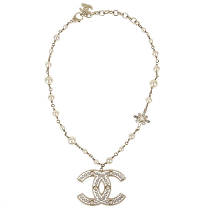 Chanel Rhinestone Costume Pearl Gold CC Pendant Necklace