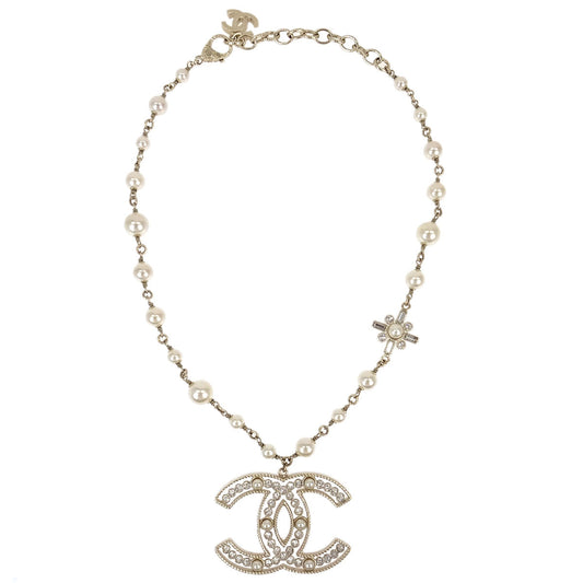 Chanel Rhinestone Costume Pearl Gold CC Pendant Necklace