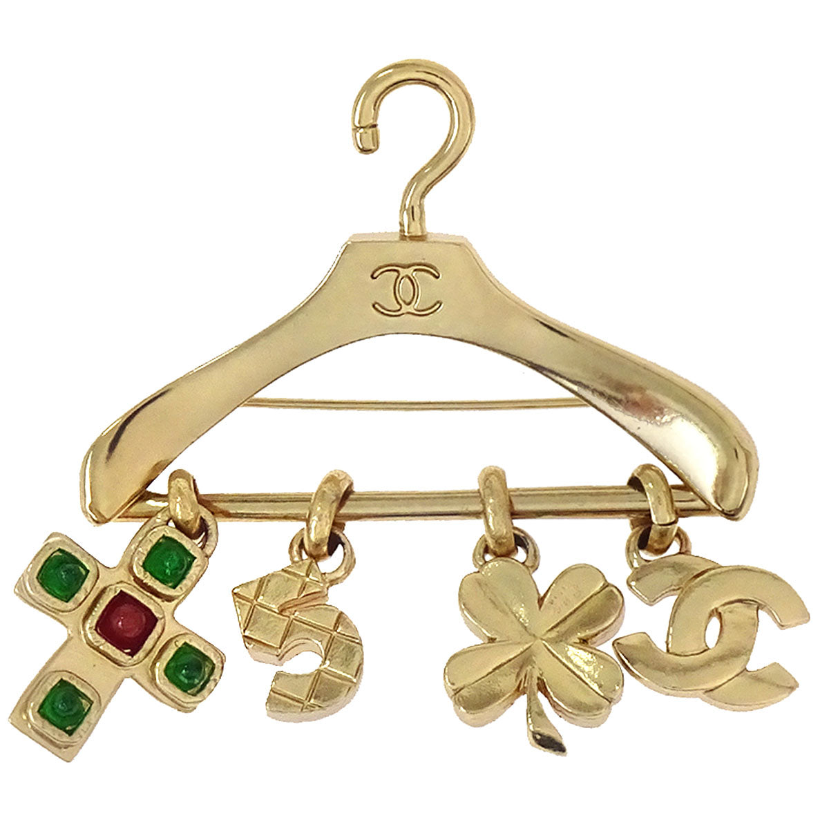 Chanel Hanger Dangle Cross No.5 Clover CC Brooch Pin Gold Gripoix 02P