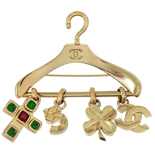 Chanel Hanger Dangle Cross No.5 Clover CC Brooch Pin Gold Gripoix 02P