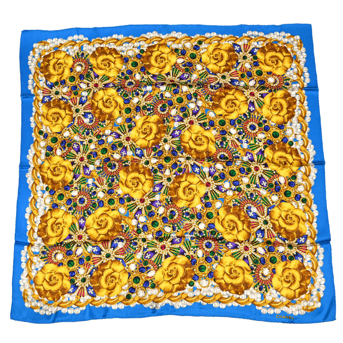 Chanel Gold Blue Camellia Scarf Small Good