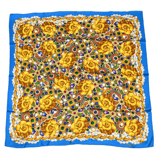 Chanel Gold Blue Camellia Scarf Small Good