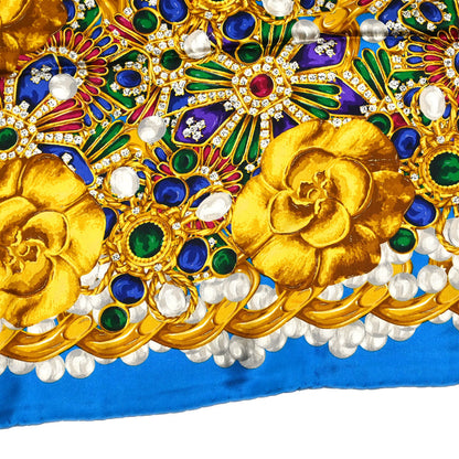 Chanel Gold Blue Camellia Scarf Small Good