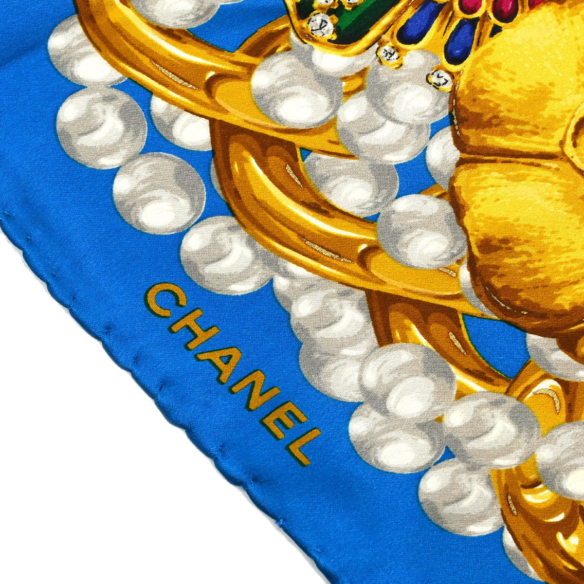 Chanel Gold Blue Camellia Scarf Small Good