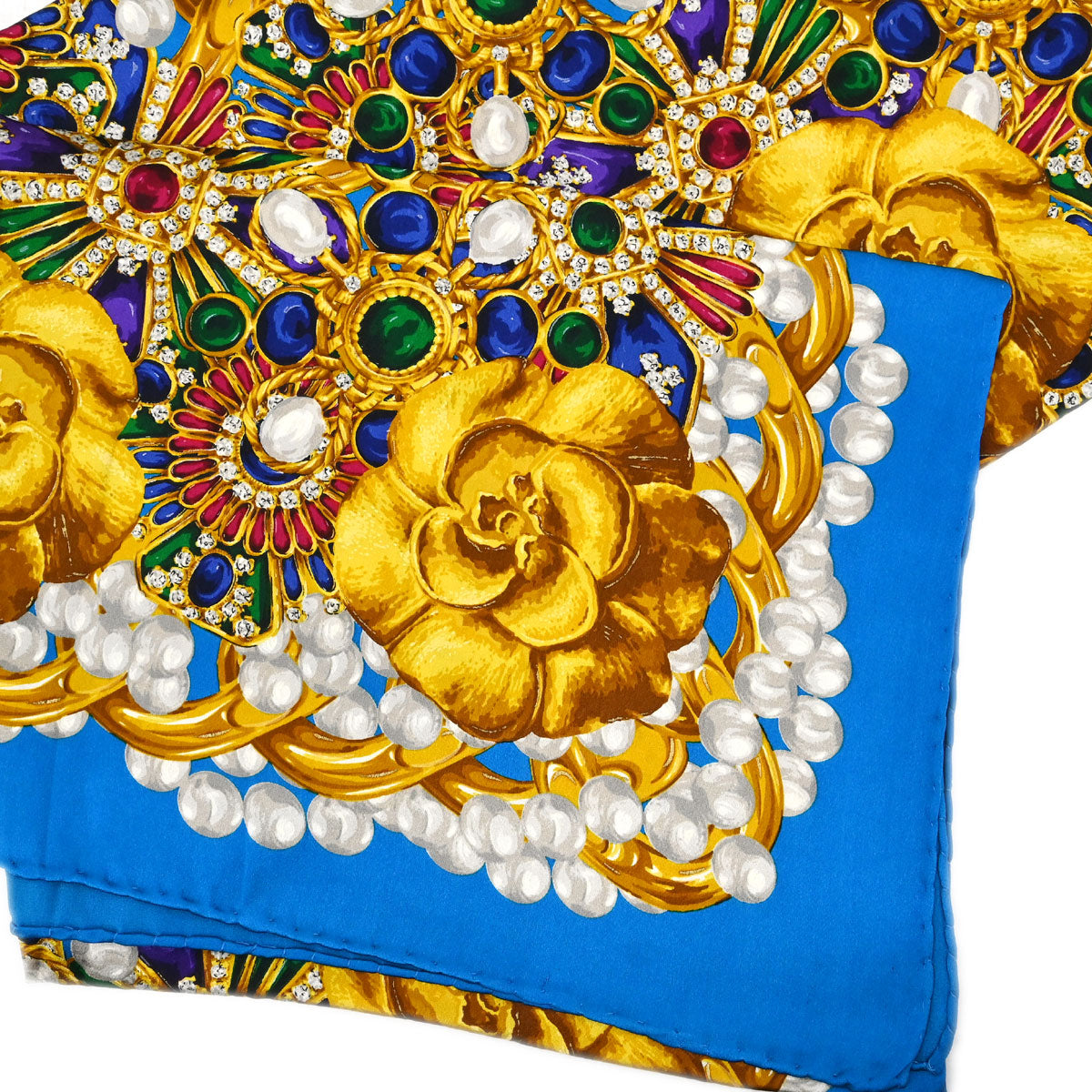 Chanel Gold Blue Camellia Scarf Small Good