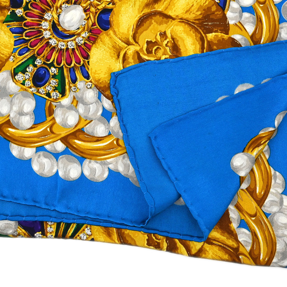 Chanel Gold Blue Camellia Scarf Small Good