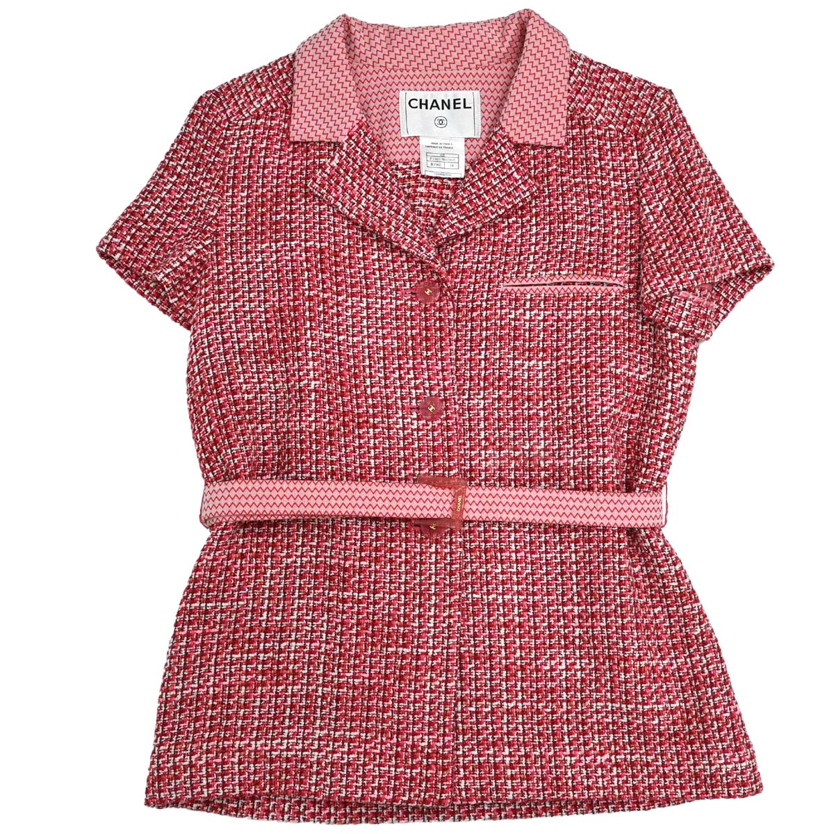 Chanel 2002 Short Sleeve Tweed Belt Jacket Red #34