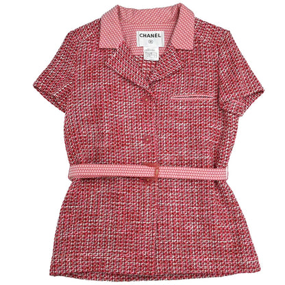 Chanel 2002 Short Sleeve Tweed Belt Jacket Red #34
